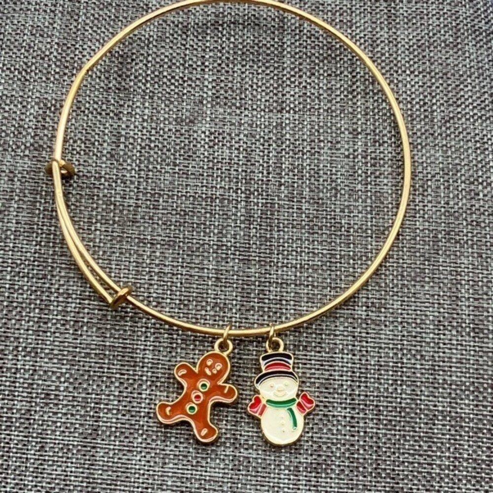 Christmas Charm Bangle Bracelet Gold Holiday Gingerbread Man Snowman Adjustable